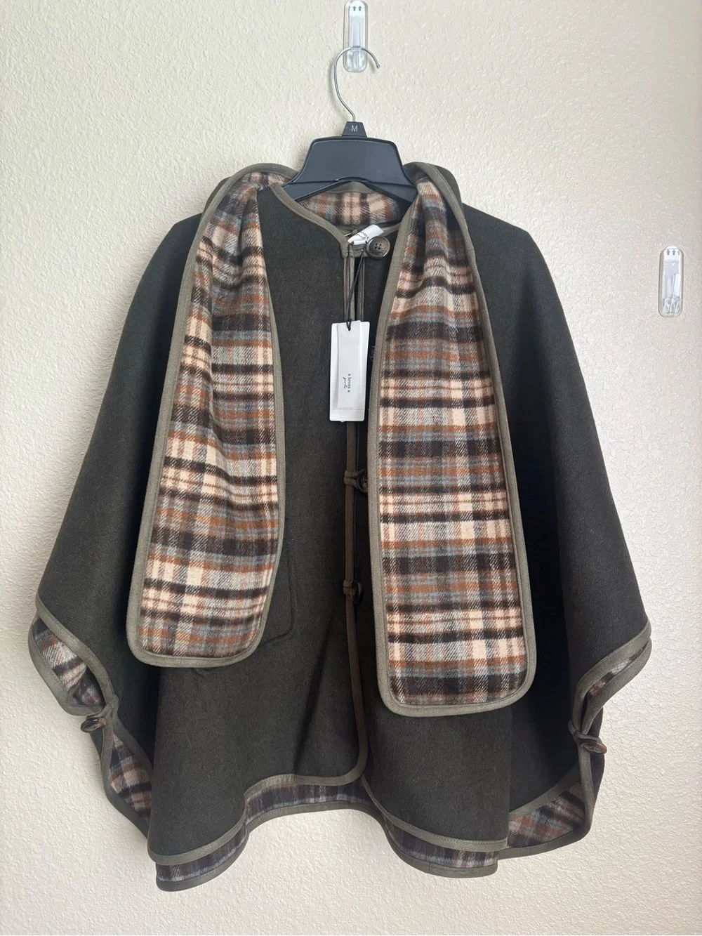 A Loves A girls  Olive Green Plaid-Lined Cape Jacket- NWT